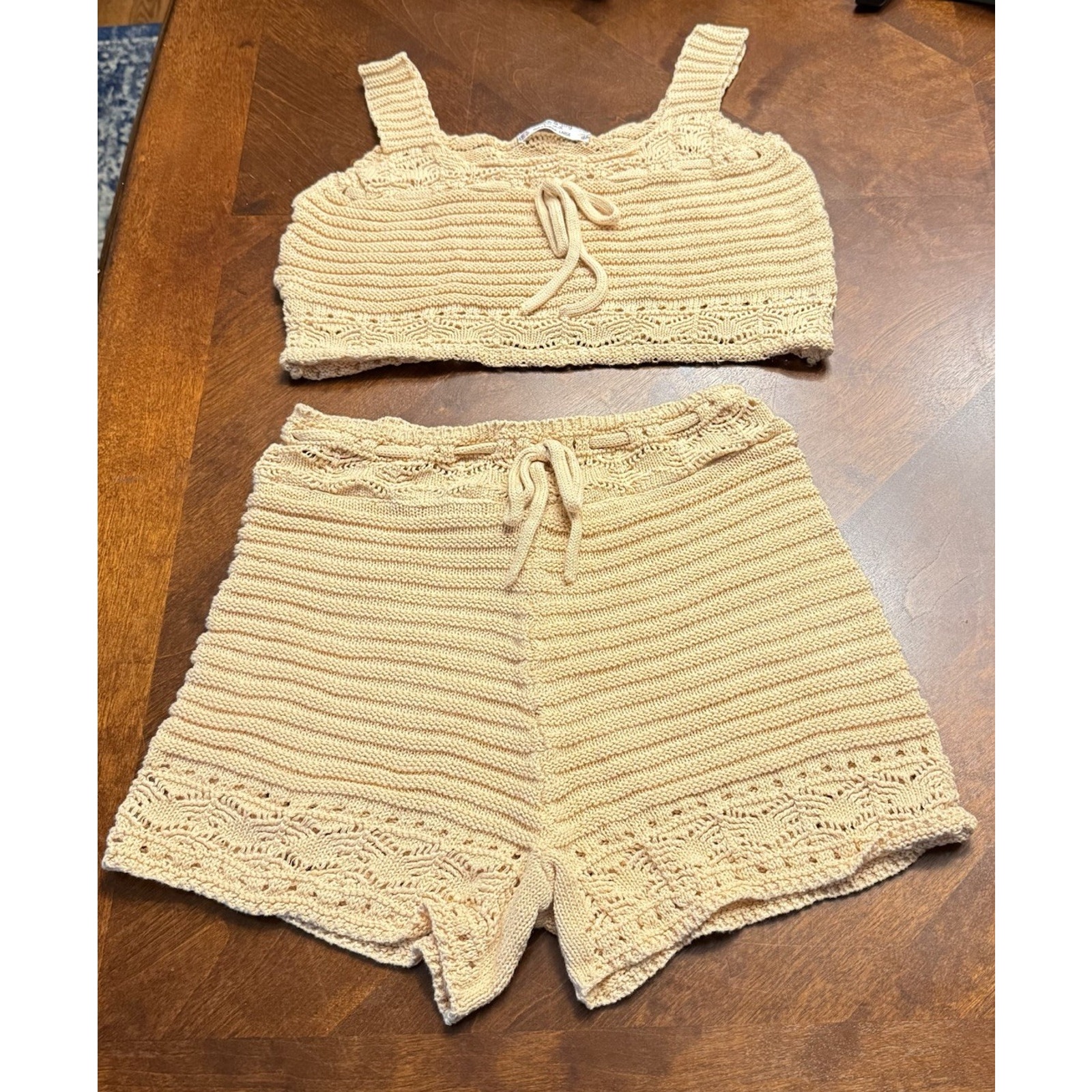 Jolie & Joy Fct 2pc Crochet Knit Set Large Crop Tank Top & Shorts Euc — image 2 of 8